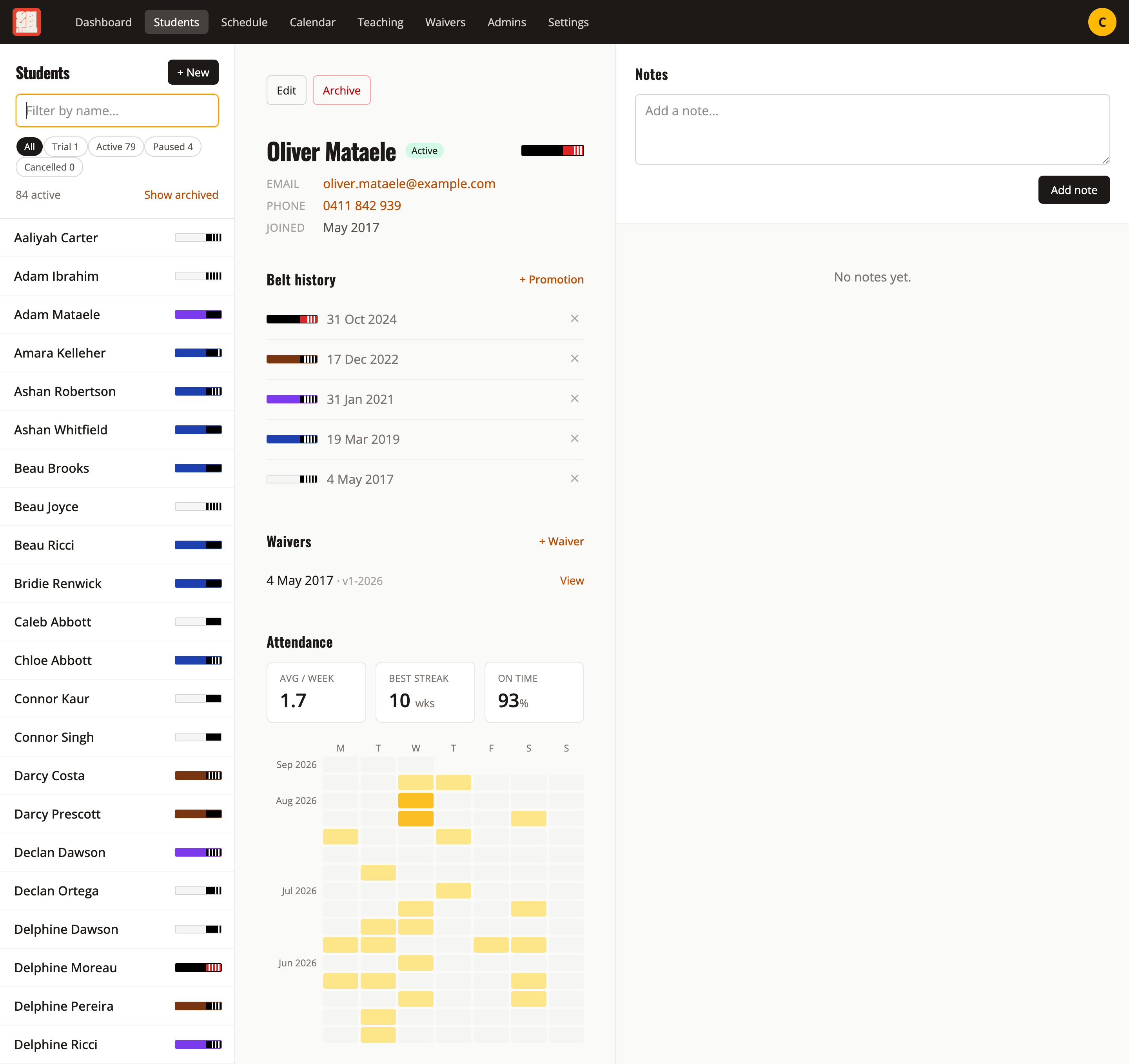 A student profile showing a belt history from white in 2017 to black in 2024, a signed waiver, a year-long attendance heatmap, and the techniques seen across every class attended.