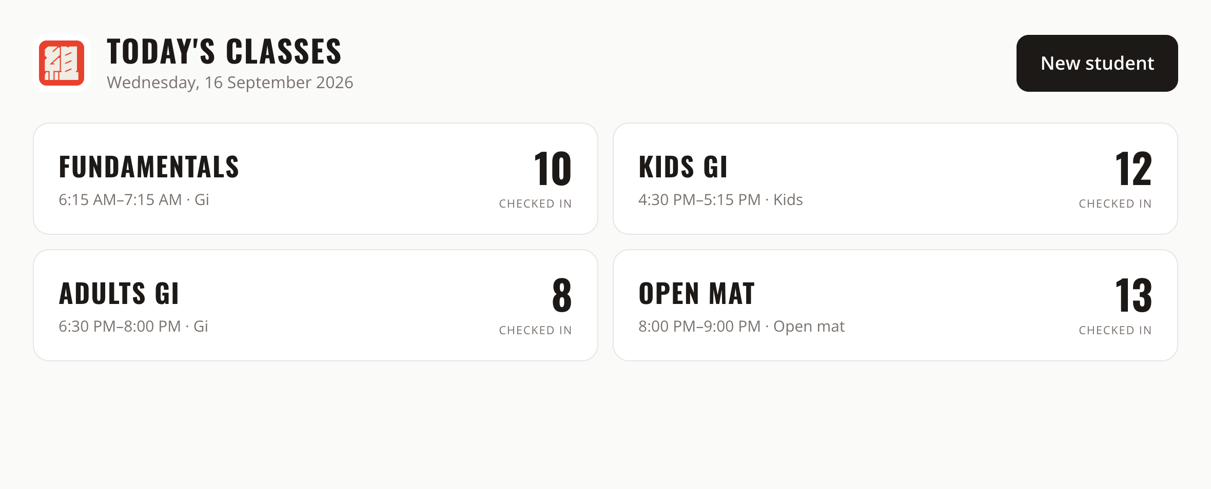 The grappl.club kiosk showing today's four classes with a live checked-in count against each.